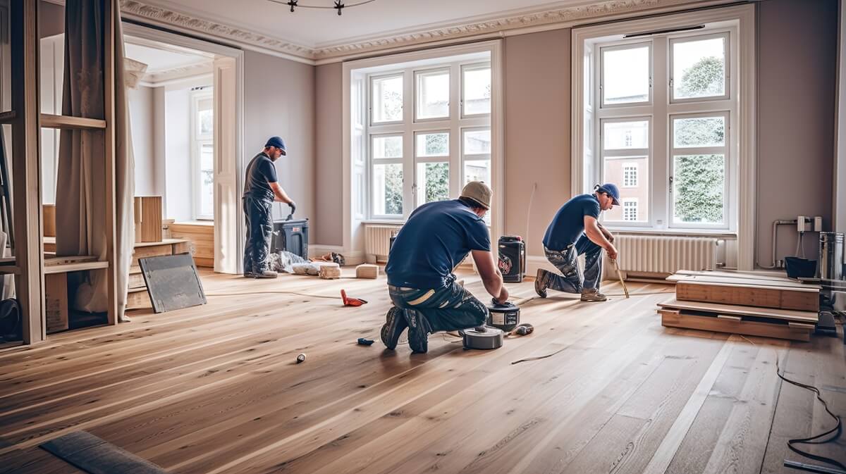 Podłogi drewniane: wilgotność 45–60%, drewno 8–10%; warstwowa 14–15 mm (3–4 mm) lub lita 20–22 mm; trwałość 30–60 lat.